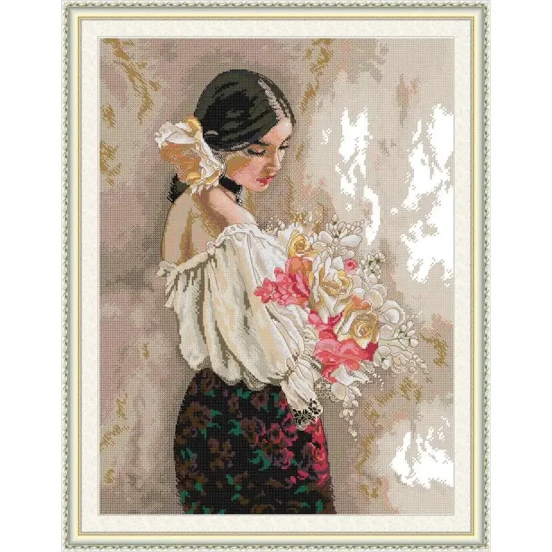 Maiden with Flowers Printed Canvas Needle and Thread Embroidery Kit