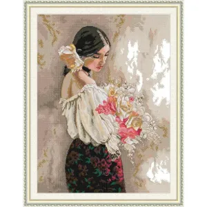 Maiden with Flowers Printed Canvas Needle and Thread Embroidery Kit