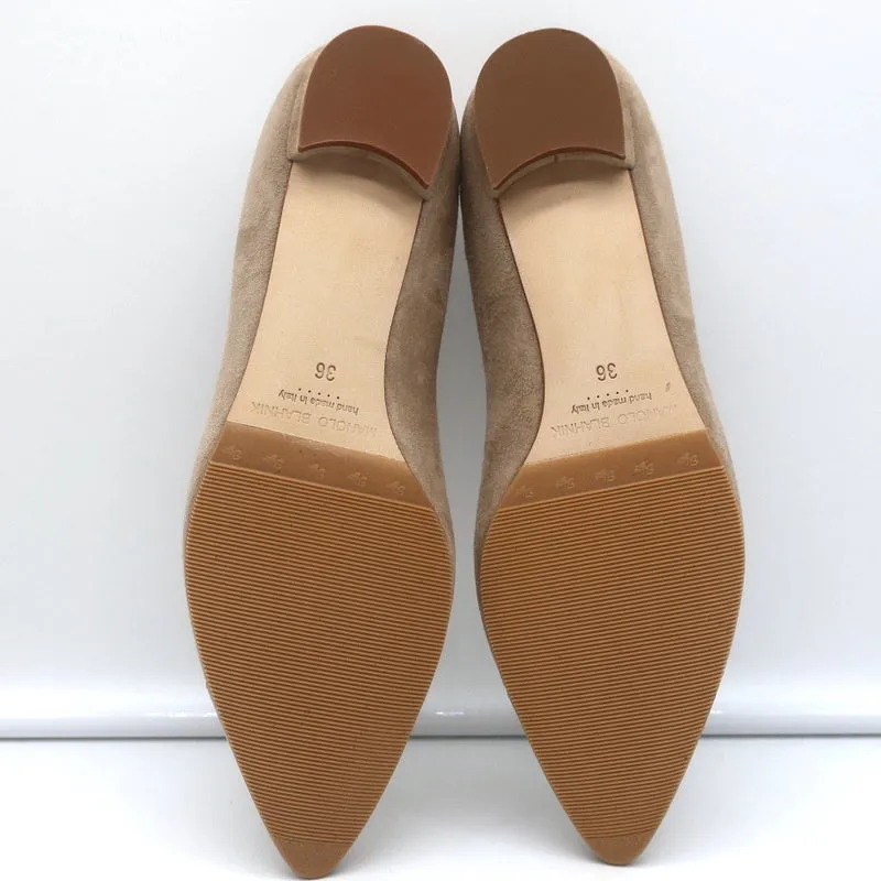Manolo Blahnik Bipunta Cap Toe Flats Taupe Suede & Patent Leather Size 36 NEW