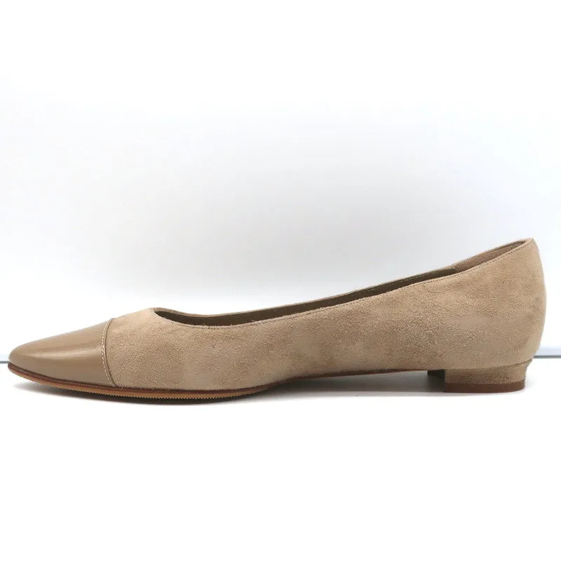 Manolo Blahnik Bipunta Cap Toe Flats Taupe Suede & Patent Leather Size 36 NEW