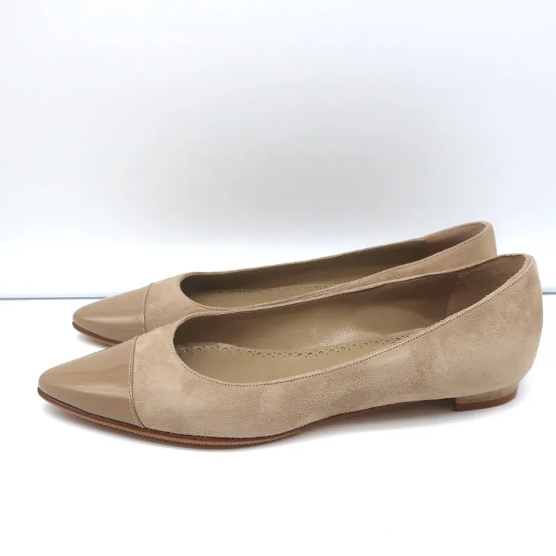 Manolo Blahnik Bipunta Cap Toe Flats Taupe Suede & Patent Leather Size 36 NEW
