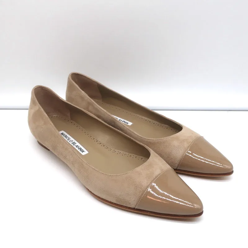 Manolo Blahnik Bipunta Cap Toe Flats Taupe Suede & Patent Leather Size 36 NEW