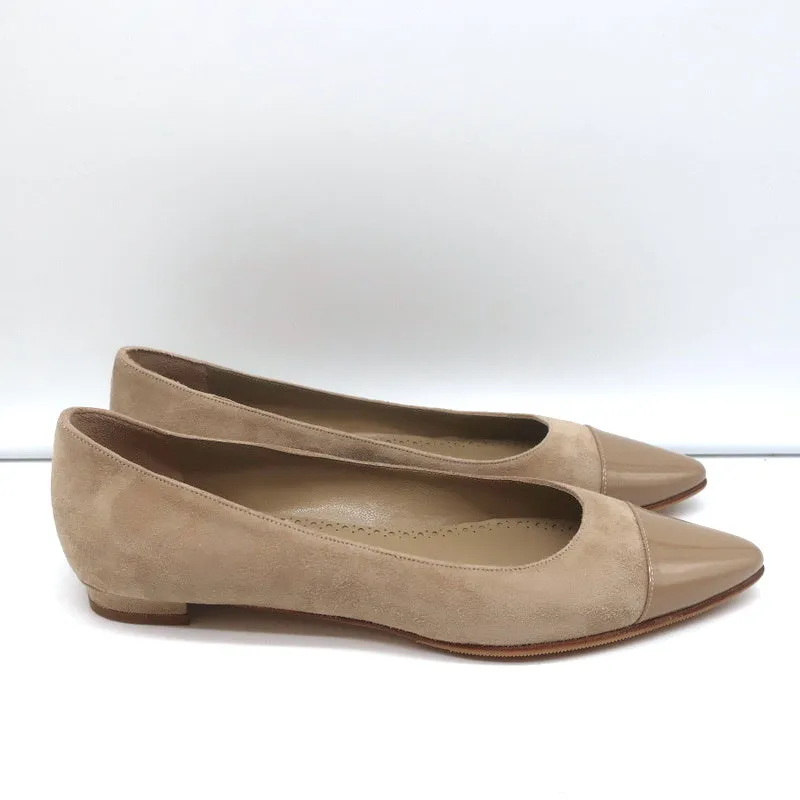 Manolo Blahnik Bipunta Cap Toe Flats Taupe Suede & Patent Leather Size 36 NEW