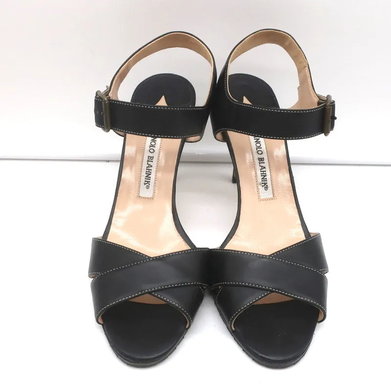 Manolo Blahnik Crisscross Sandals Black Leather Size 39 Ankle Strap Heels