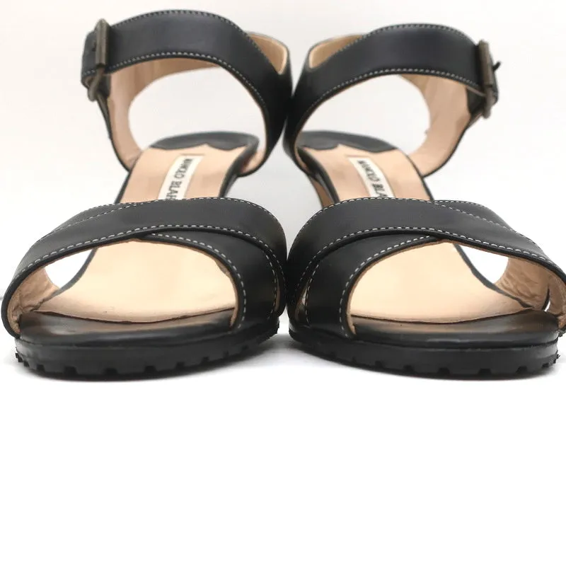 Manolo Blahnik Crisscross Sandals Black Leather Size 39 Ankle Strap Heels