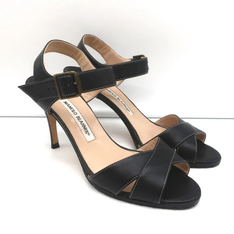 Manolo Blahnik Crisscross Sandals Black Leather Size 39 Ankle Strap Heels