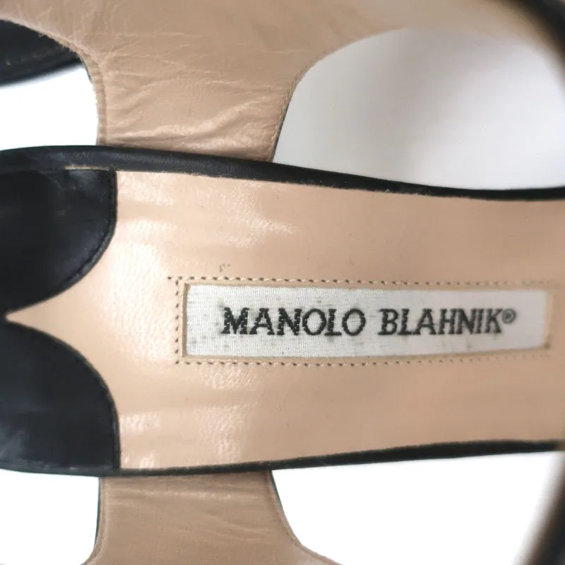 Manolo Blahnik Crisscross Sandals Black Leather Size 39 Ankle Strap Heels