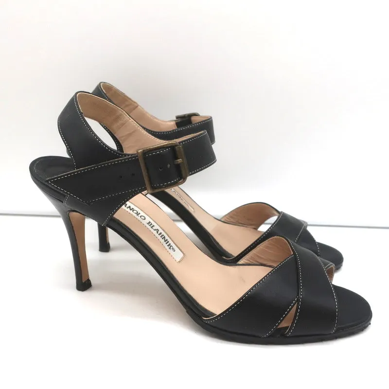 Manolo Blahnik Crisscross Sandals Black Leather Size 39 Ankle Strap Heels