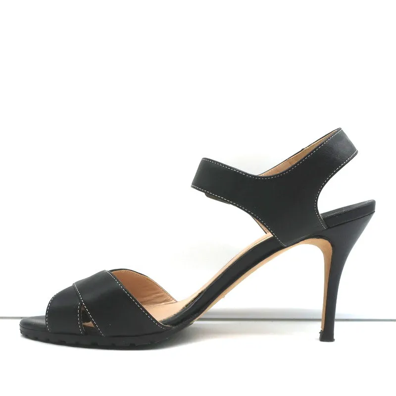 Manolo Blahnik Crisscross Sandals Black Leather Size 39 Ankle Strap Heels
