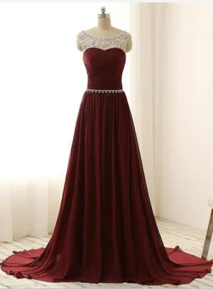 Maroon Long Beaded Party Dresses, Handmade Prom Dress