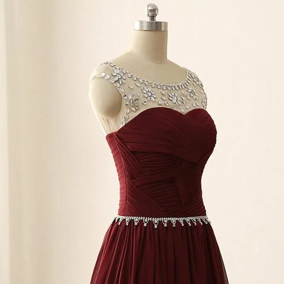 Maroon Long Beaded Party Dresses, Handmade Prom Dress