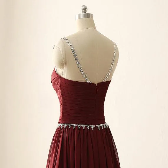 Maroon Long Beaded Party Dresses, Handmade Prom Dress