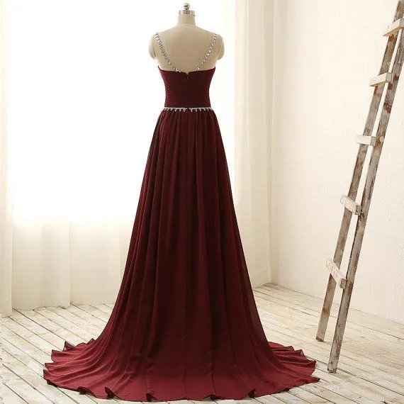 Maroon Long Beaded Party Dresses, Handmade Prom Dress