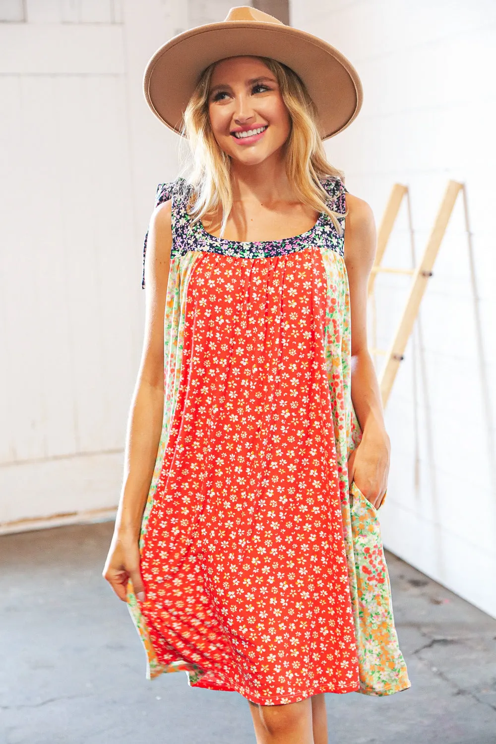 Melon Floral Color Block Shoulder Tie Knot Swing Dress