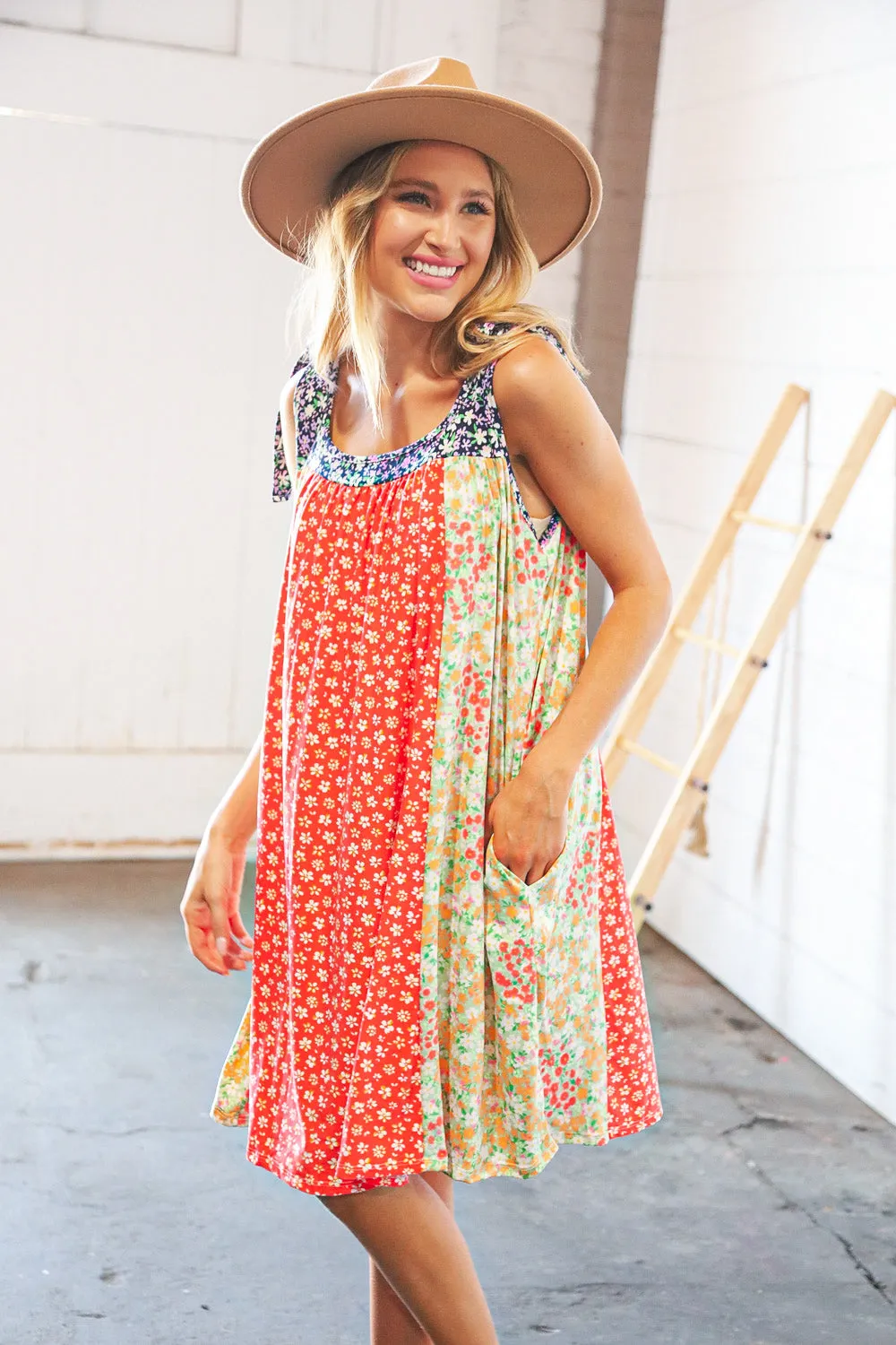 Melon Floral Color Block Shoulder Tie Knot Swing Dress