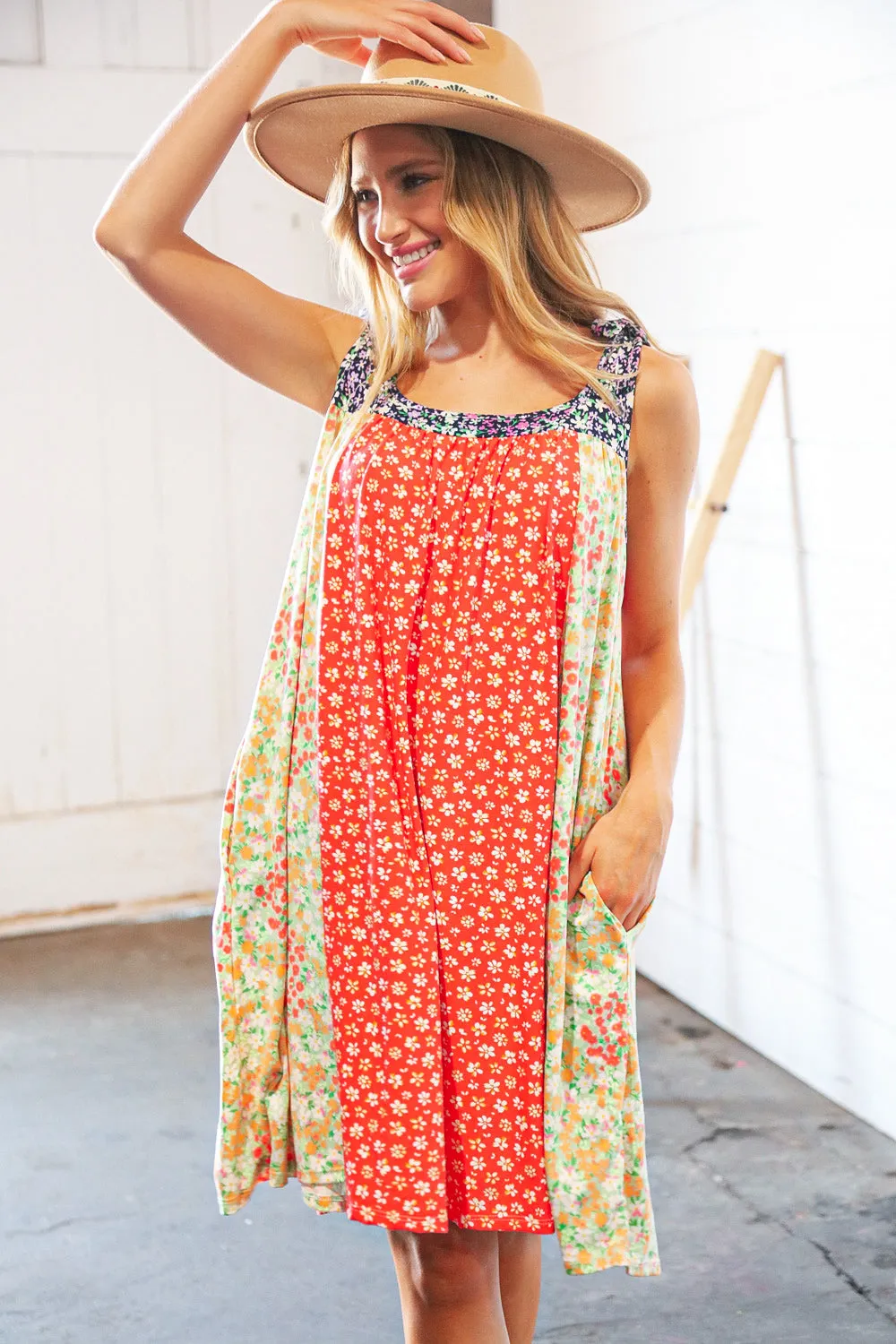 Melon Floral Color Block Shoulder Tie Knot Swing Dress