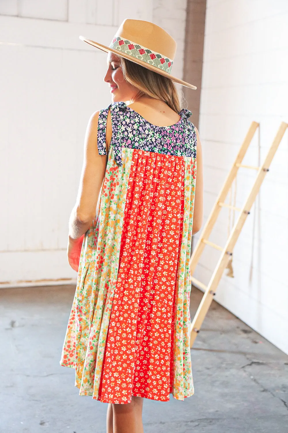 Melon Floral Color Block Shoulder Tie Knot Swing Dress
