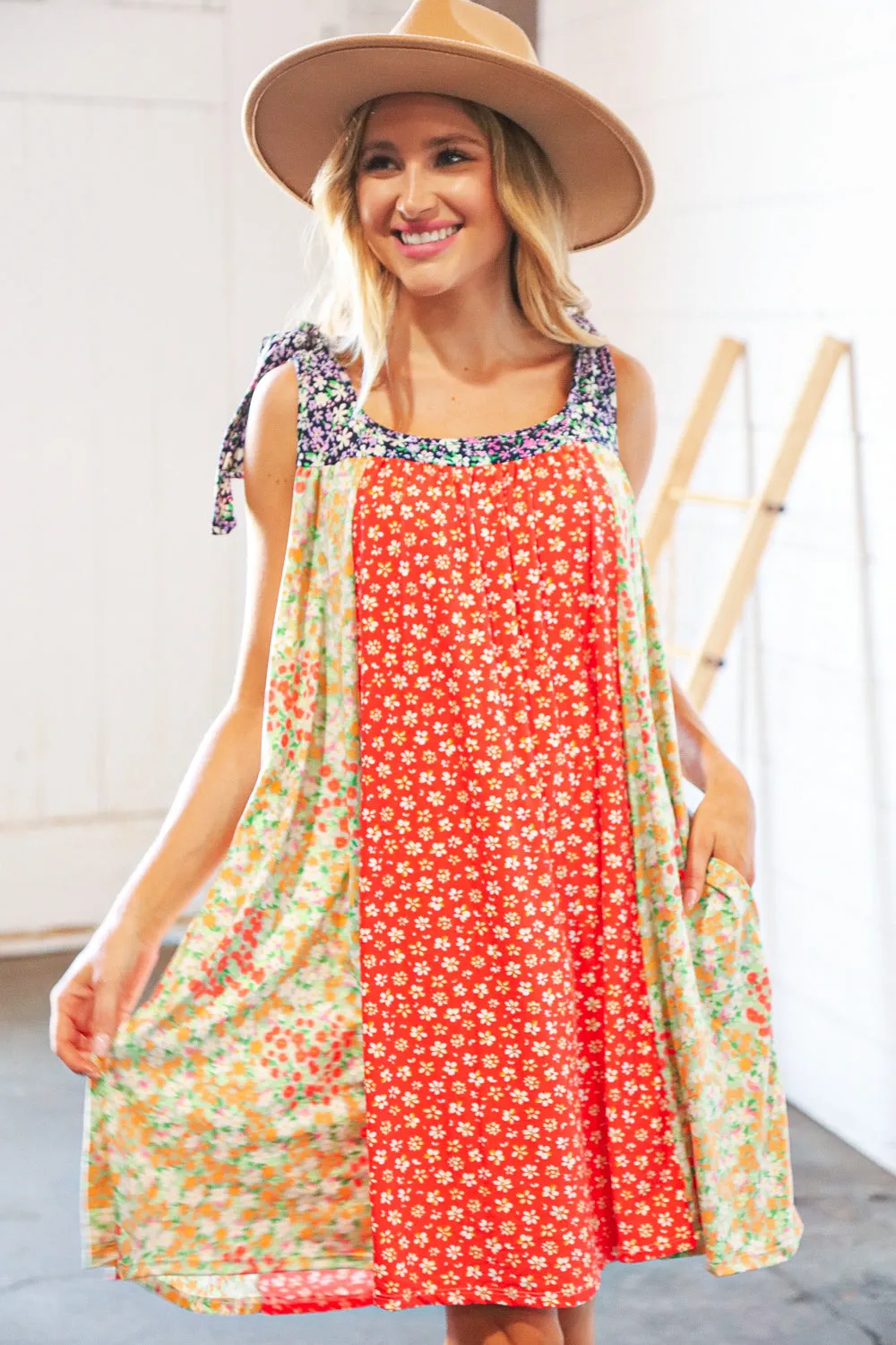 Melon Floral Color Block Shoulder Tie Knot Swing Dress
