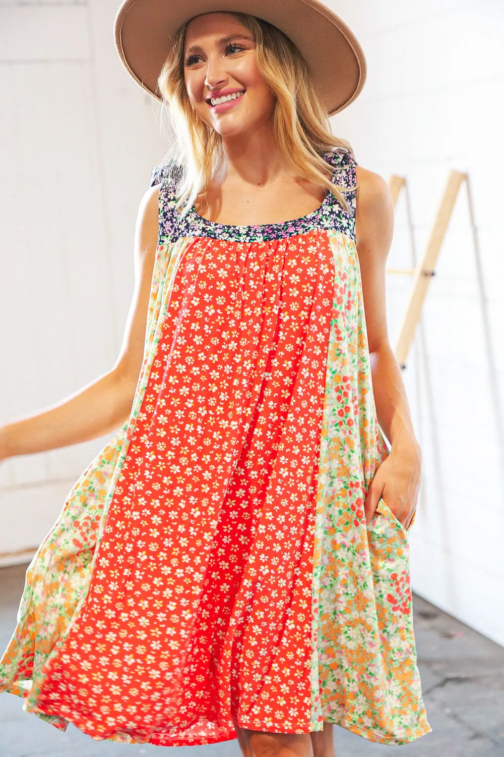 Melon Floral Color Block Shoulder Tie Knot Swing Dress