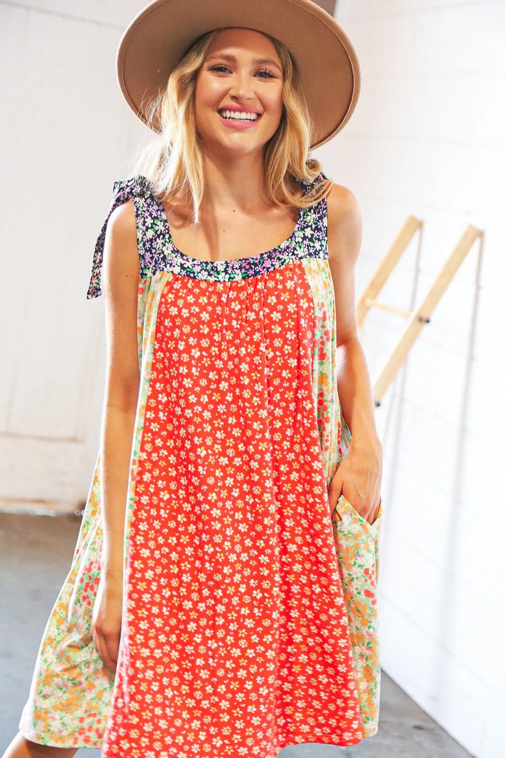 Melon Floral Color Block Shoulder Tie Knot Swing Dress