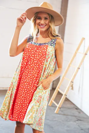 Melon Floral Color Block Shoulder Tie Knot Swing Dress