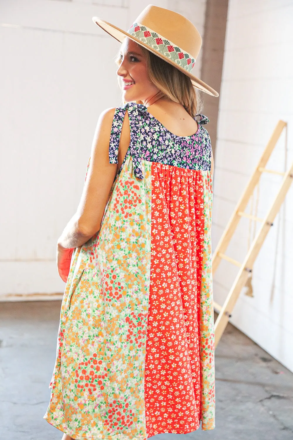 Melon Floral Color Block Shoulder Tie Knot Swing Dress