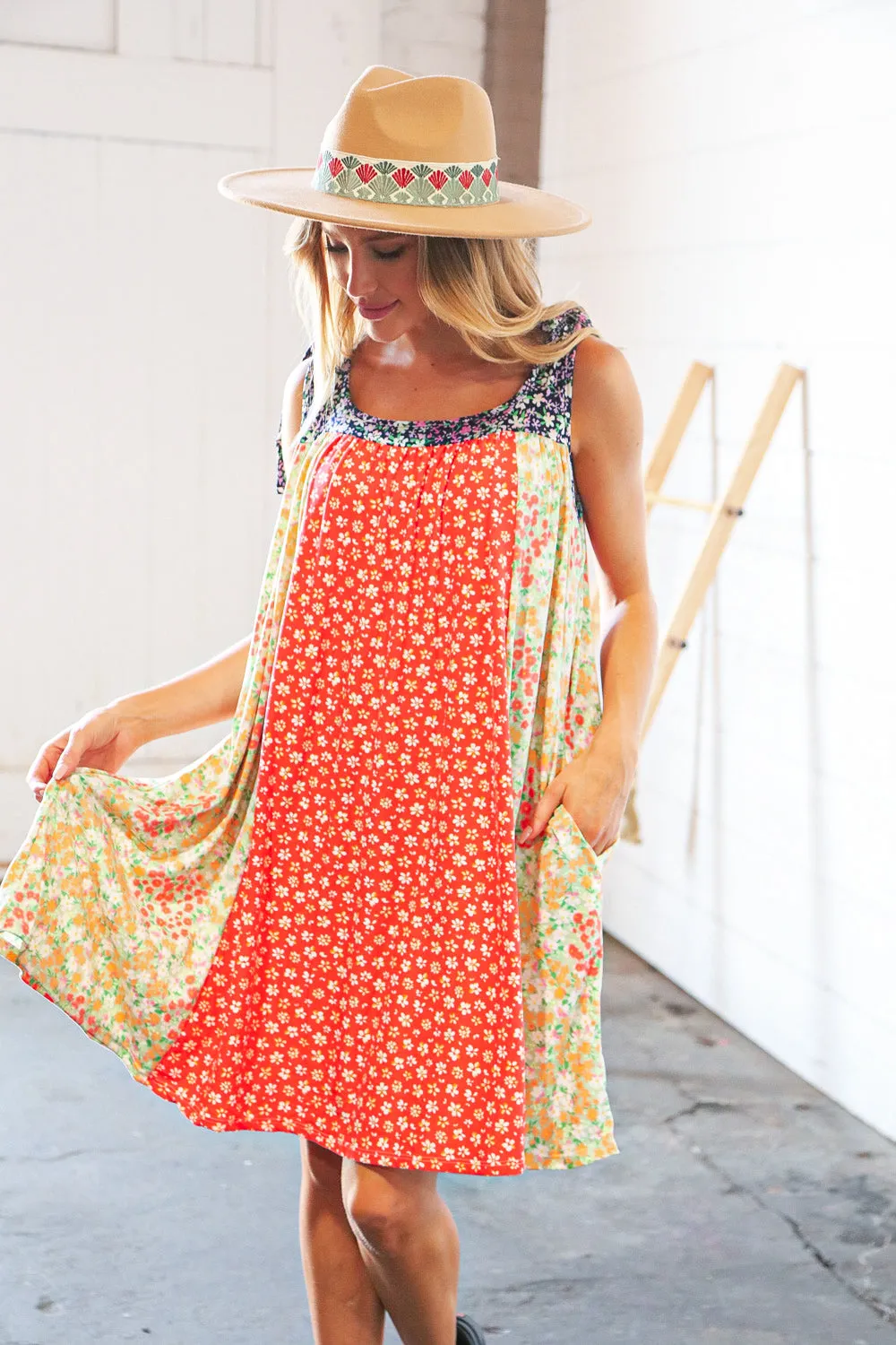 Melon Floral Color Block Shoulder Tie Knot Swing Dress