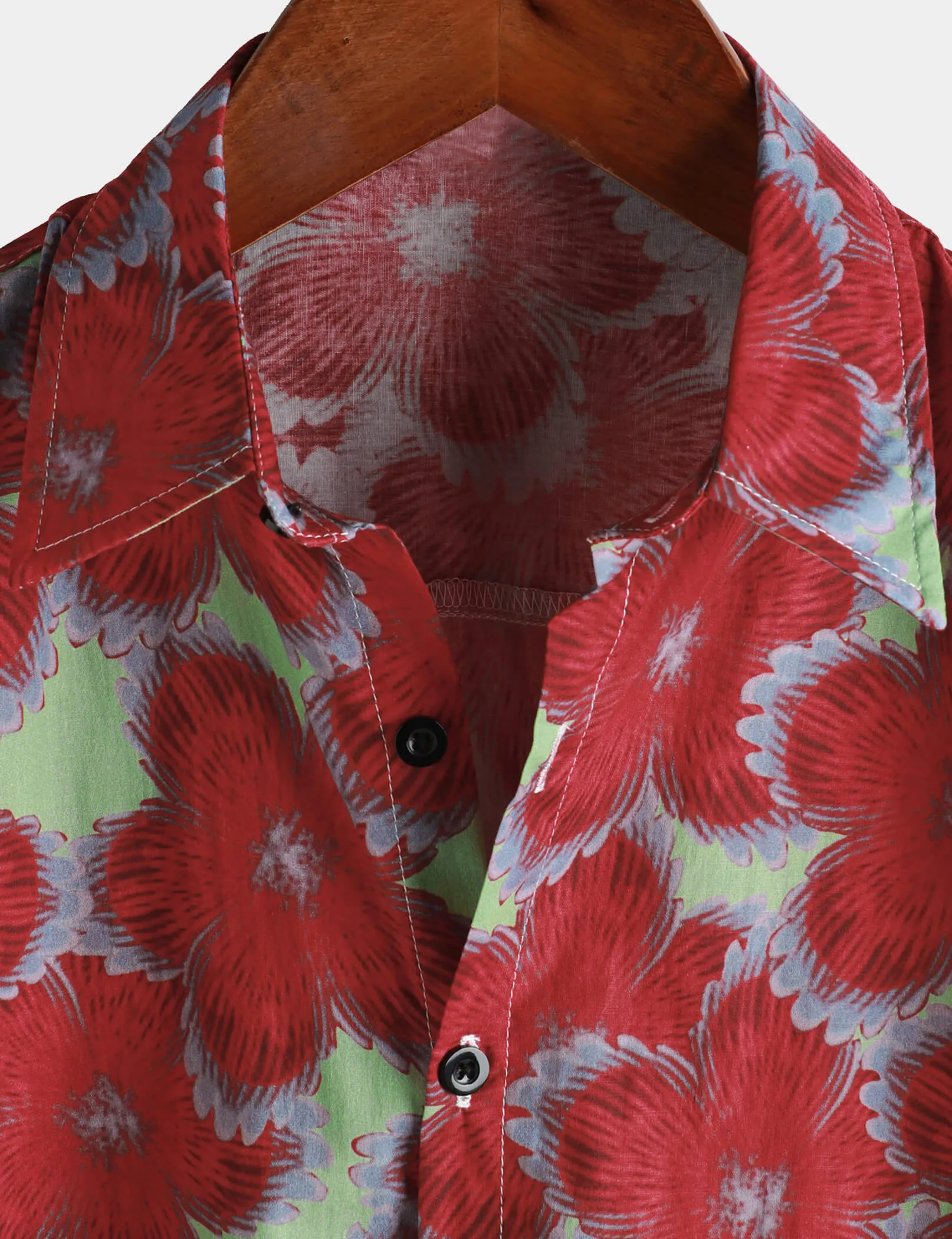 Men‘s 100% Cotton Hawaiian Red Floral Short Sleeve Button Summer Beach Shirt
