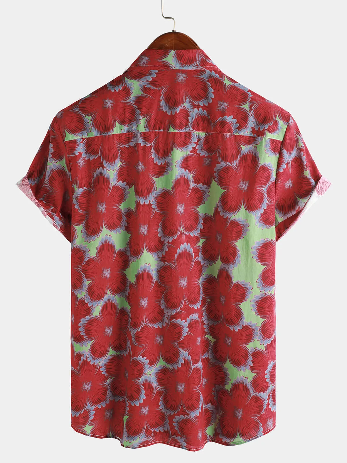 Men‘s 100% Cotton Hawaiian Red Floral Short Sleeve Button Summer Beach Shirt