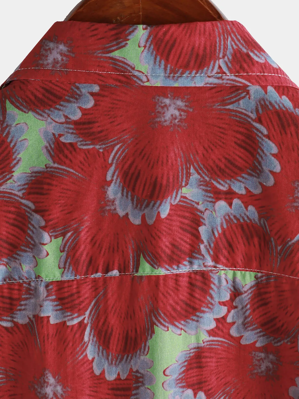 Men‘s 100% Cotton Hawaiian Red Floral Short Sleeve Button Summer Beach Shirt