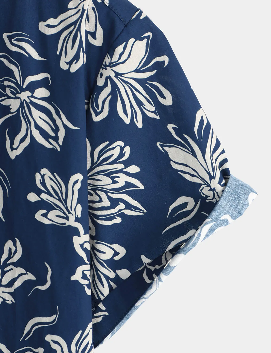 Men's Blue Floral 100% Cotton Hawaiian Button Up Summer Shirt