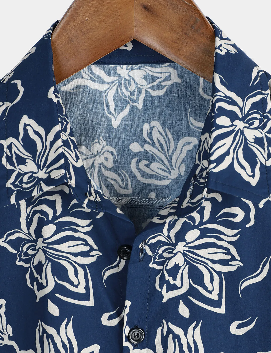 Men's Blue Floral 100% Cotton Hawaiian Button Up Summer Shirt