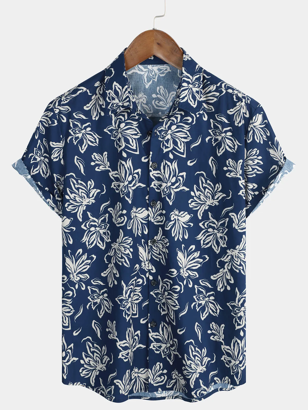 Men's Blue Floral 100% Cotton Hawaiian Button Up Summer Shirt