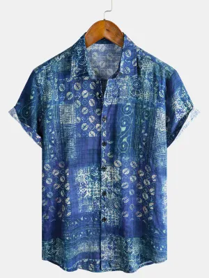 Men's Blue Vintage Beach Short Sleeve Summer Shirt