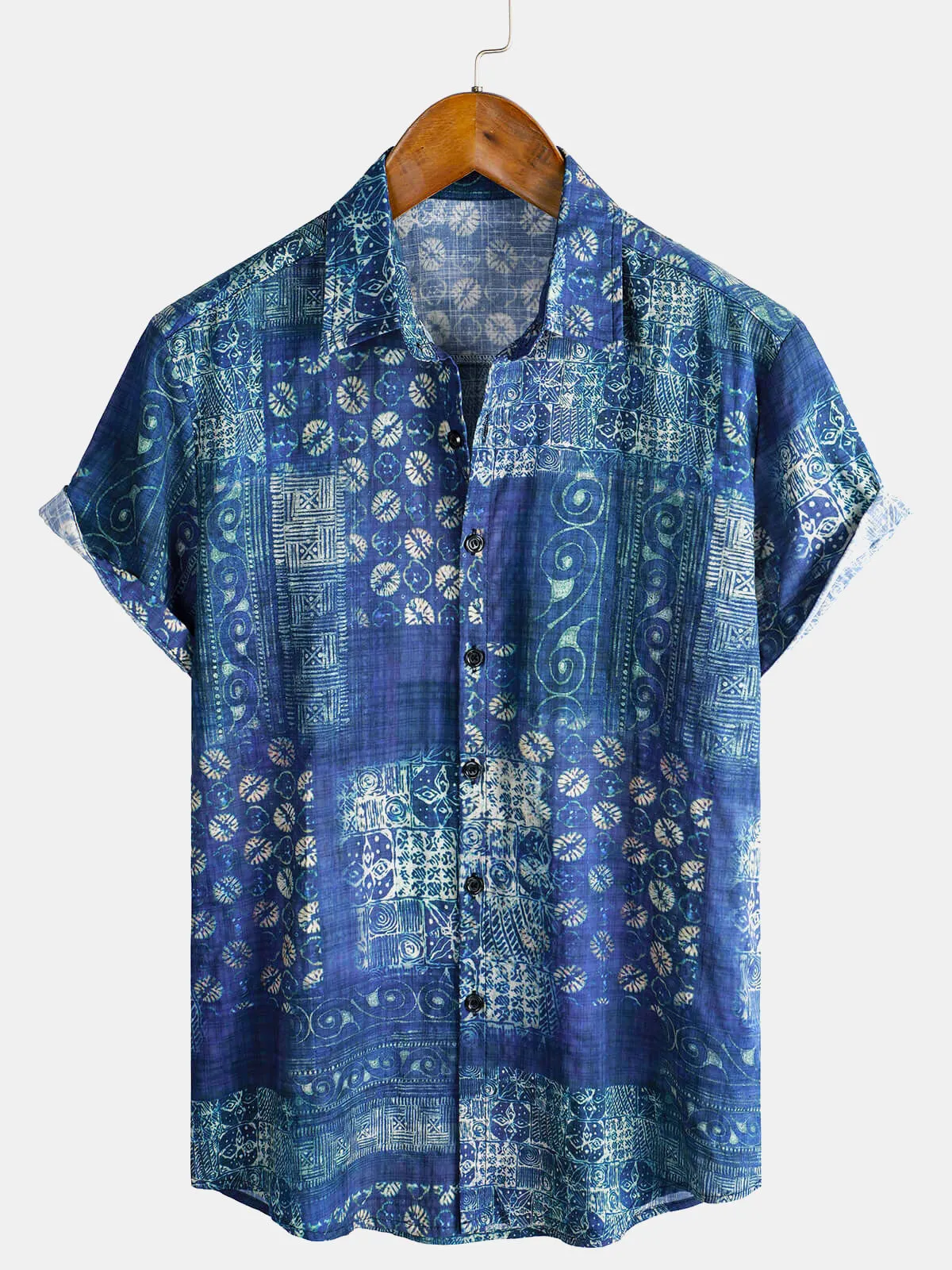 Men's Blue Vintage Beach Short Sleeve Summer Shirt