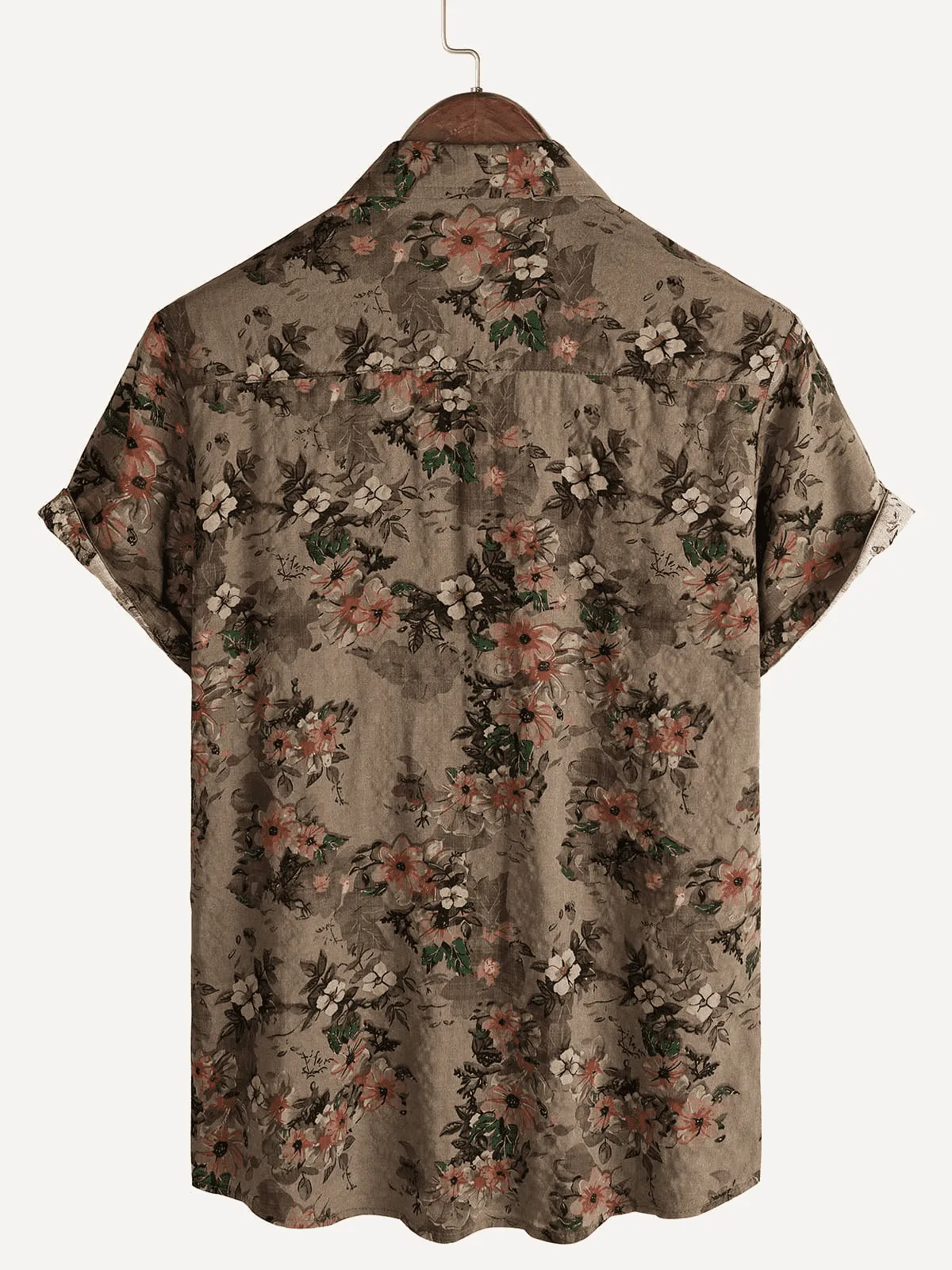 Men's Brown Floral Vintage Short Sleeve Retro Summer Cotton Button Up Shirt