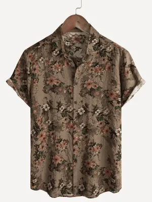 Men's Brown Floral Vintage Short Sleeve Retro Summer Cotton Button Up Shirt