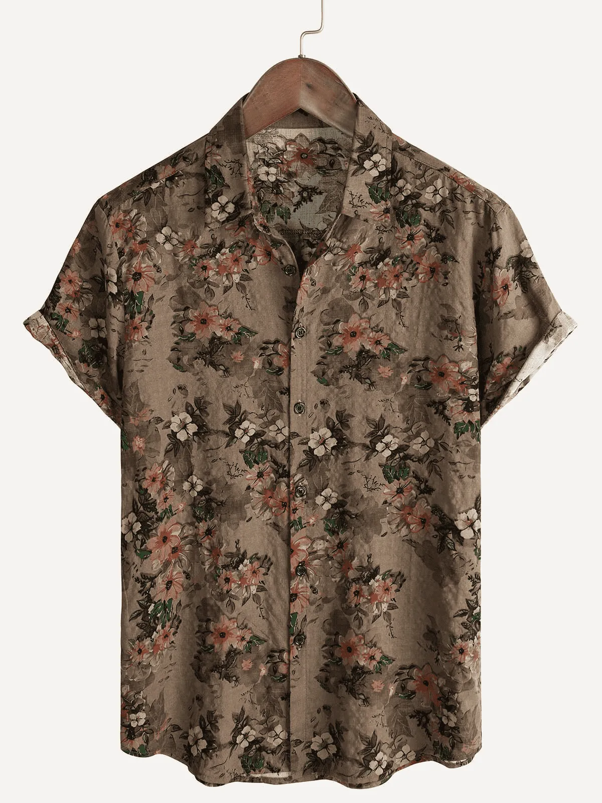 Men's Brown Floral Vintage Short Sleeve Retro Summer Cotton Button Up Shirt