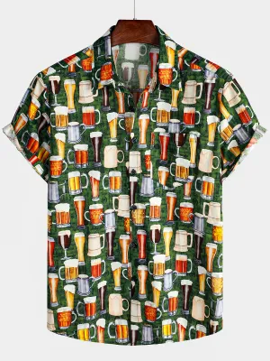 Men's Casual Beer Vintage Button Up Short Sleeve Holiday Shirt