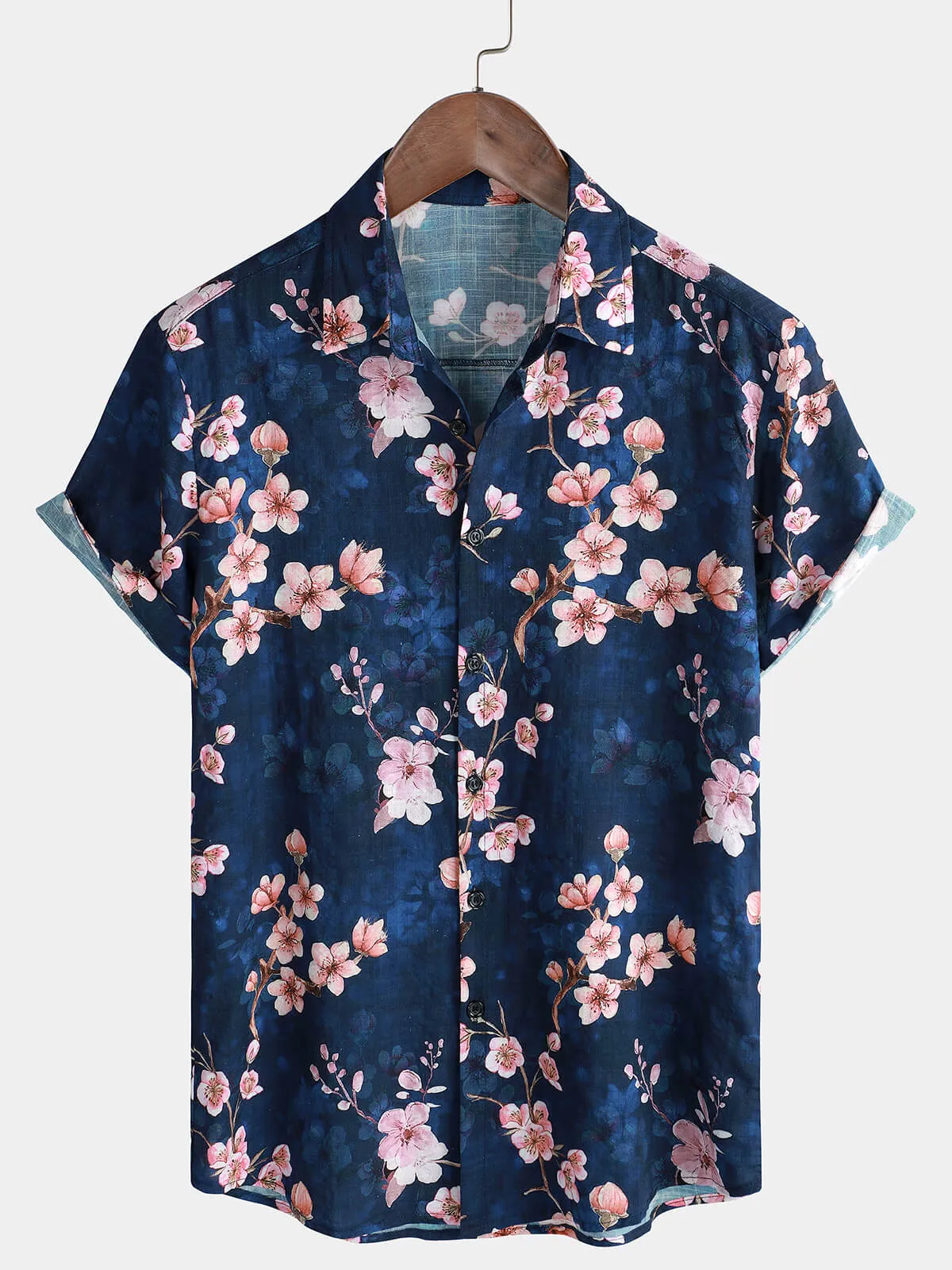 Men's Casual Cherry Blossoms Floral Holiday Beach Short Sleeve Button Up Shirt