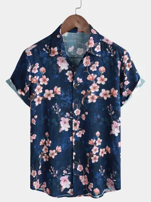 Men's Casual Cherry Blossoms Floral Holiday Beach Short Sleeve Button Up Shirt