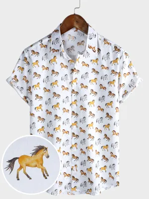 Men's Casual Horse Western Holiday Short Sleeve Shirt
