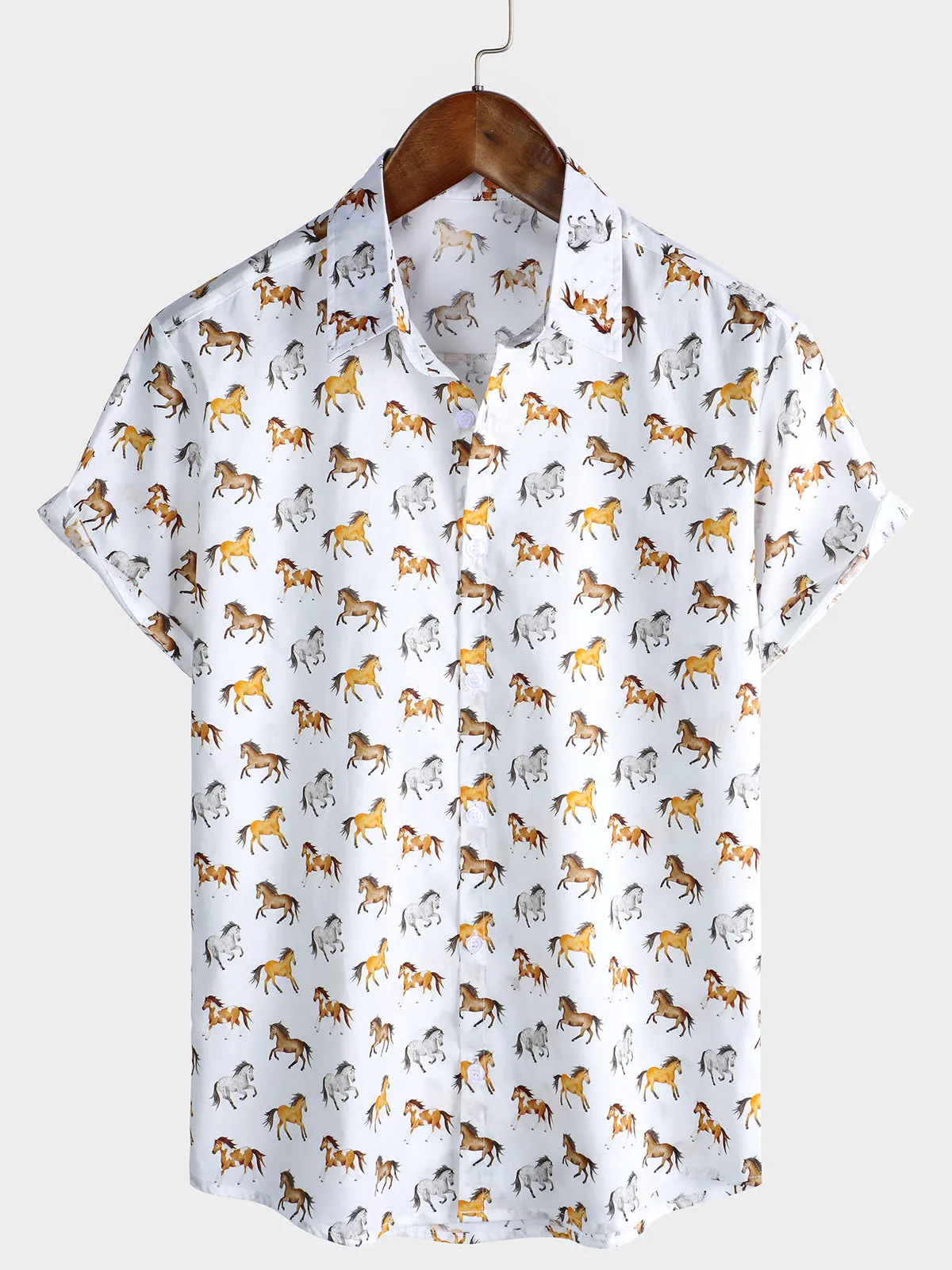 Men's Casual Horse Western Holiday Short Sleeve Shirt