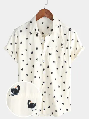 Men's Casual Swan Cotton Hawaiian Button Pocket Short Sleeve Shirt