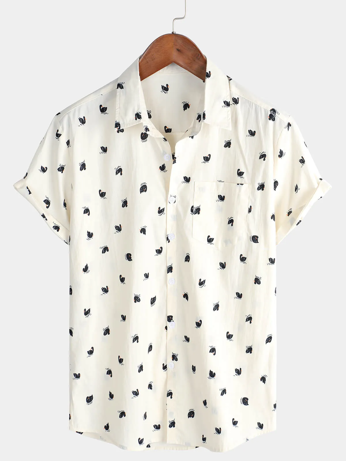 Men's Casual Swan Cotton Hawaiian Button Pocket Short Sleeve Shirt