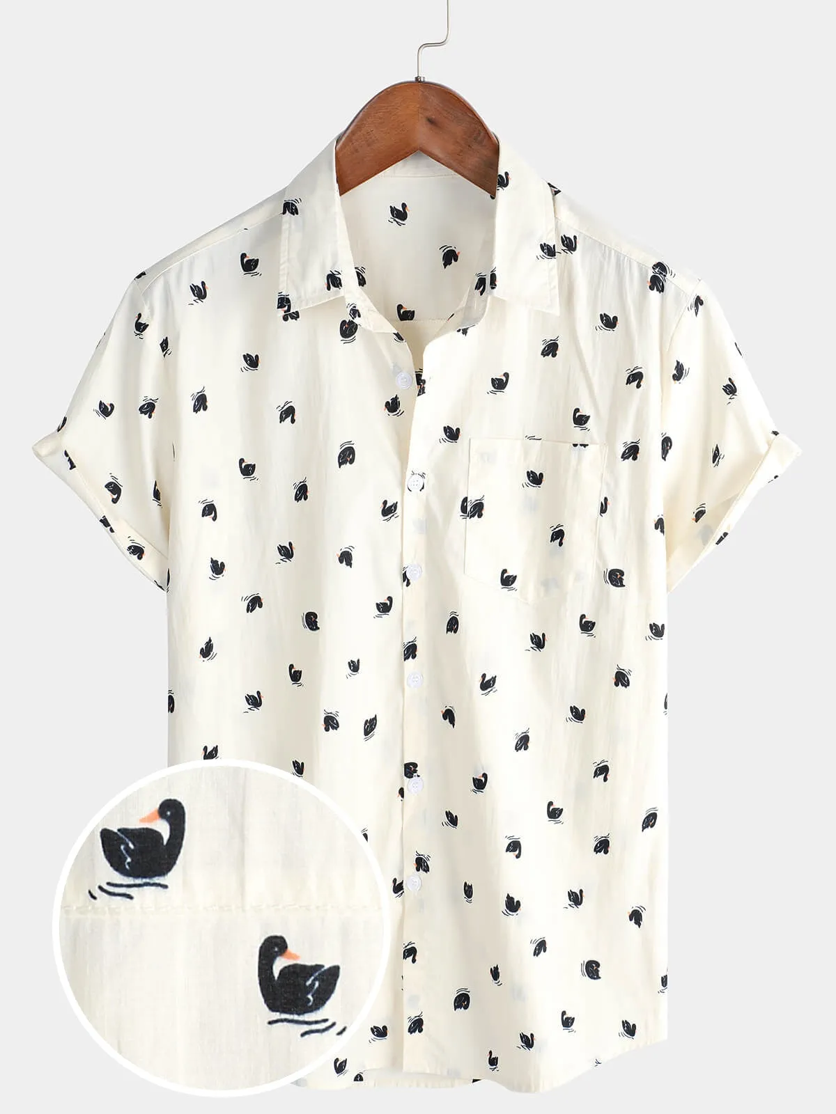 Men's Casual Swan Cotton Hawaiian Button Pocket Short Sleeve Shirt