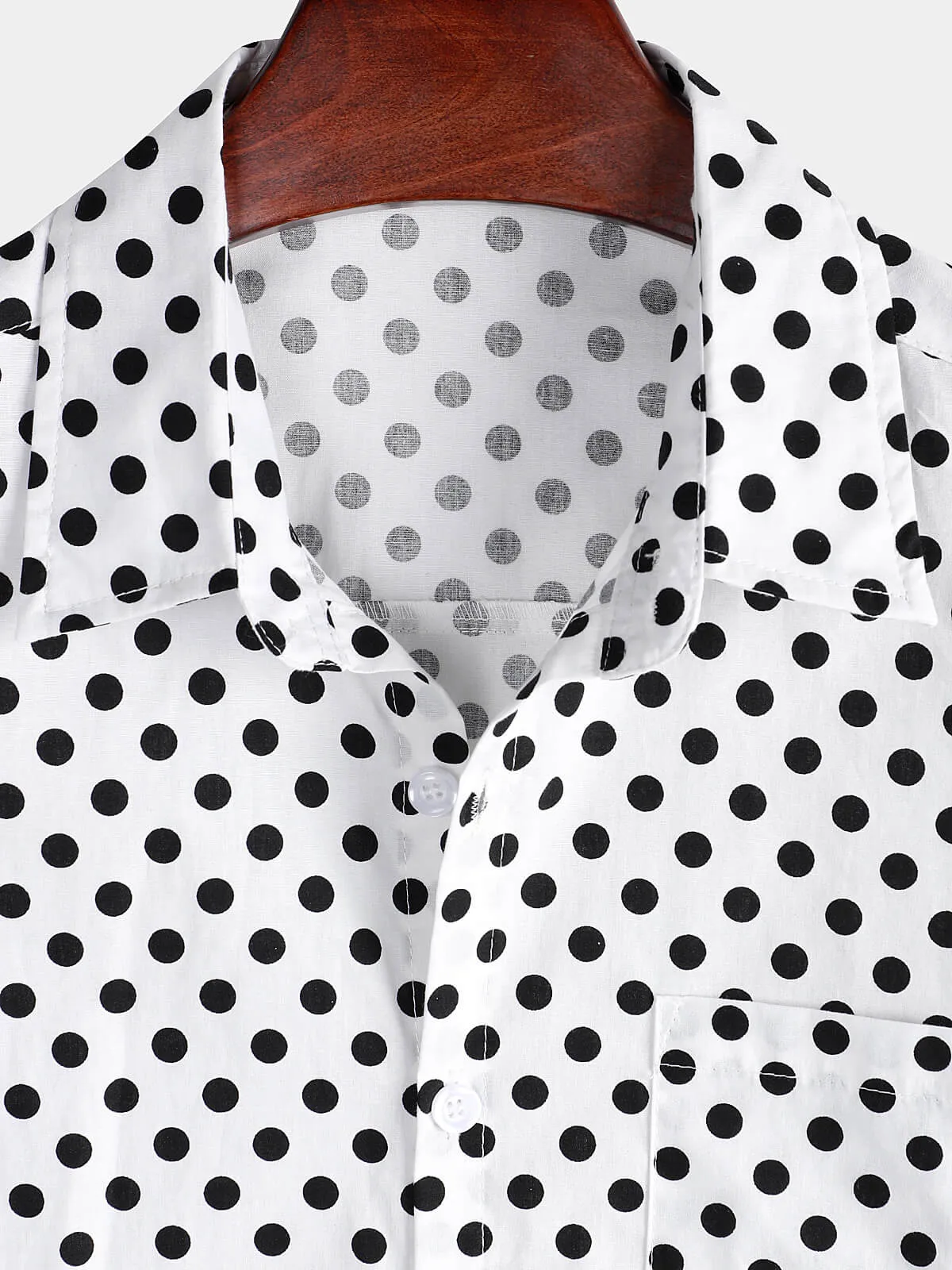 Men's Cotton Casual Polka Dot Summer White Pocket Short Sleeve Shirt