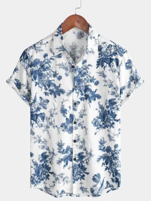Men's Cotton Floral Button Up Holiday Summer Beach Hawaiian Shirt