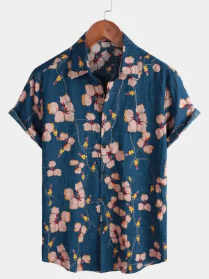 Men's Floral Button Up Cotton Summer Beach Hawaiian Shirt