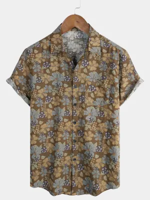 Men's Grey Floral Hawaiian Vintage Beach Button Up Summer Shirt